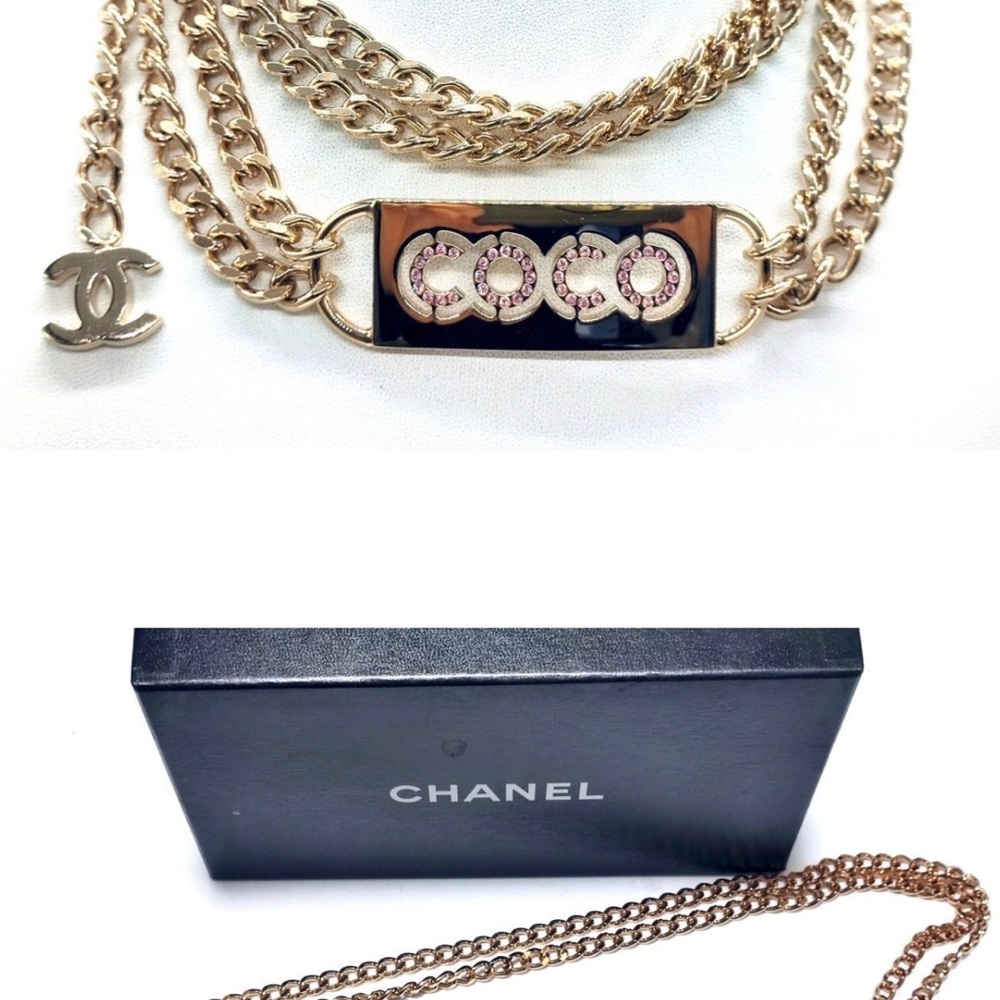 CHANEL Gold Necklace with Pink Rhinestone COCO Tag - Picture 14 of 14